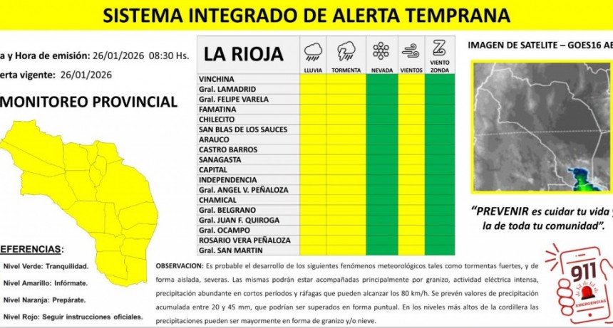 Se emitió un alerta amarillo para el territorio provincial por lluvias, tormentas y vientos