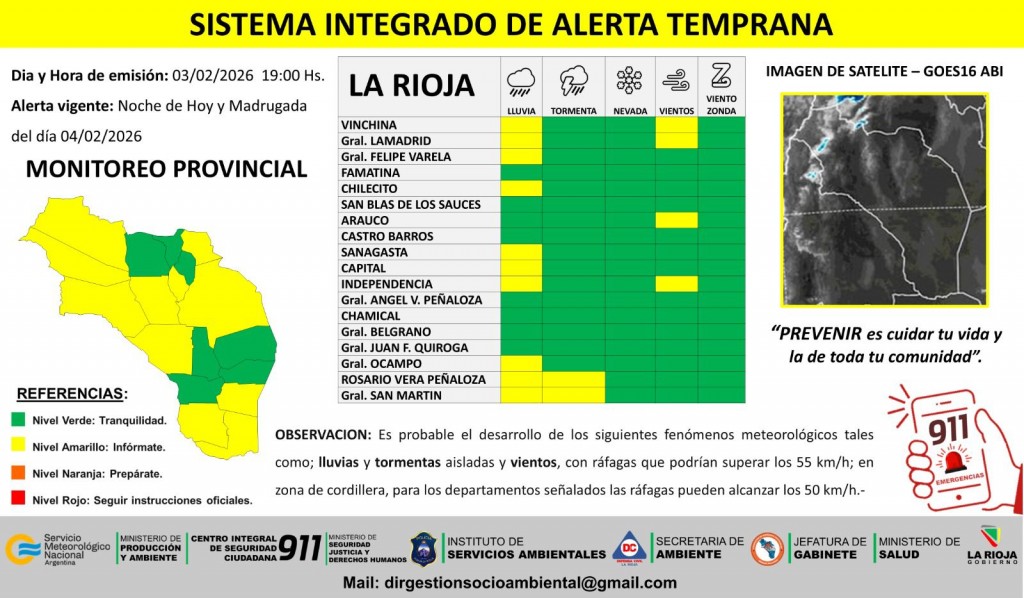Alerta amarilla por lluvias, tormentas y vientos en distintos departamentos de la provincia