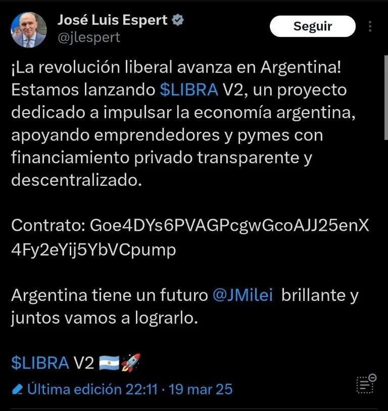 Tras el supuesto hackeo a la cuenta de Espert, Libra V2 acumuló más de 120 millones de dólares en media hora
