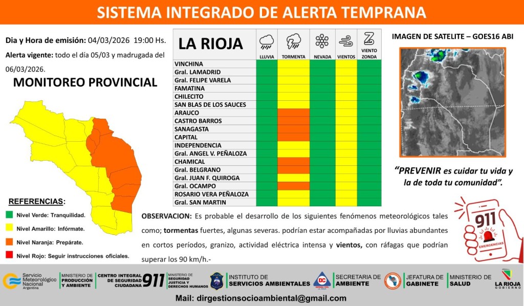 Emiten alerta amarilla por tormentas y vientos para gran parte de La Rioja