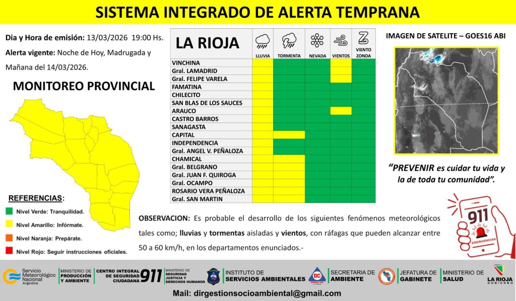 Emiten alerta amarilla por lluvias, tormentas y vientos