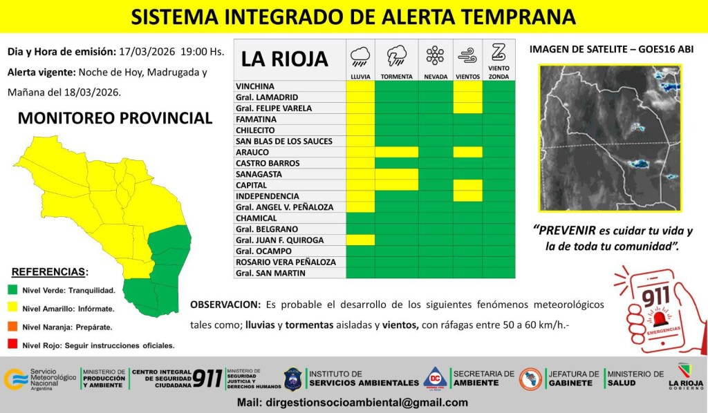 Alerta amarilla por lluvias, tormentas y vientos