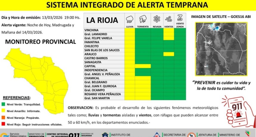 Emiten alerta amarilla por lluvias, tormentas y vientos