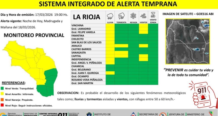 Alerta amarilla por lluvias, tormentas y vientos