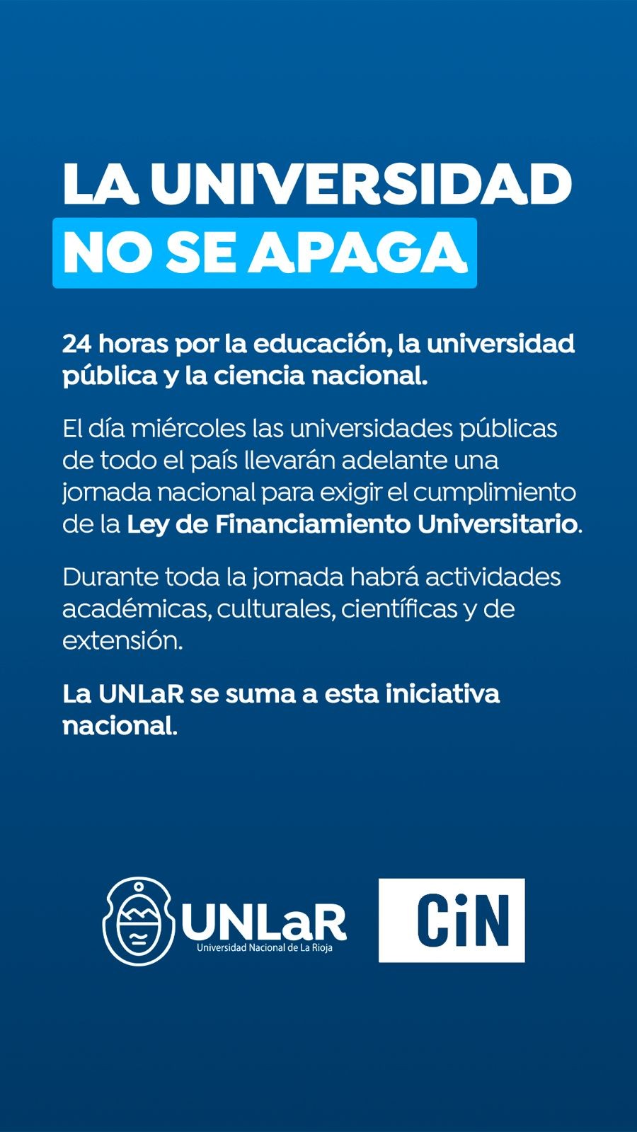 La UNLaR se suma a la jornada nacional por el financiamiento universitario con una agenda de 24 horas