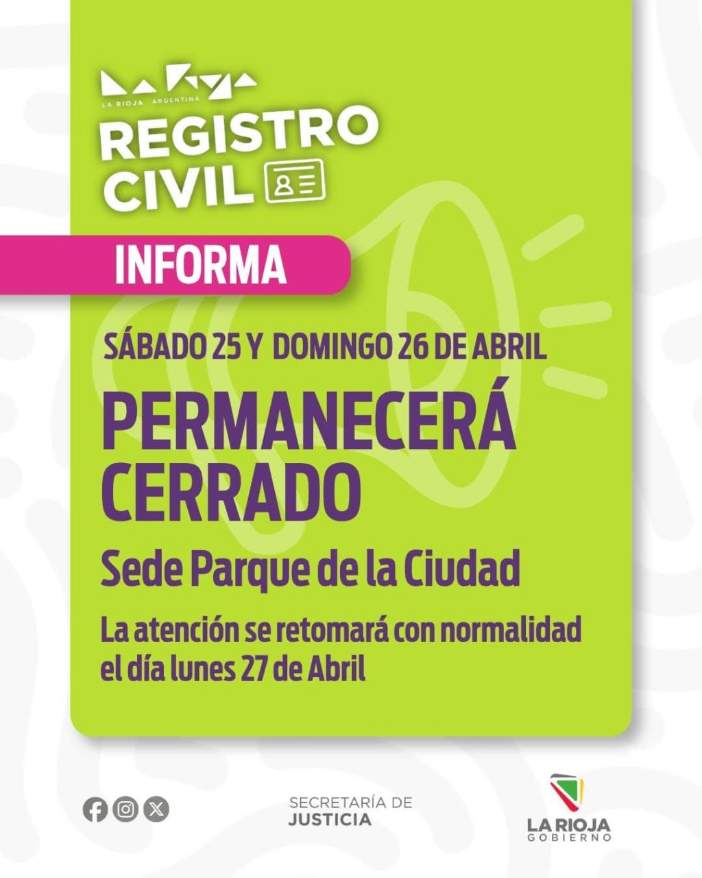 El Registro civil del parque de la ciudad cerrar&aacute; el fin de semana
