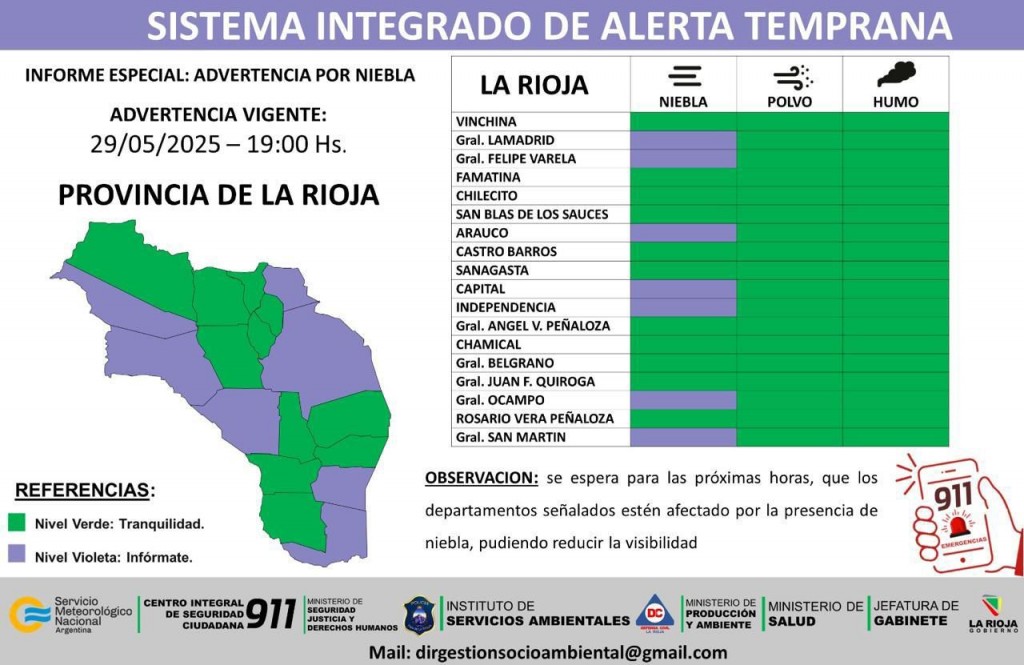 Lanzan alerta por posible niebla en varios departamentos de La Rioja