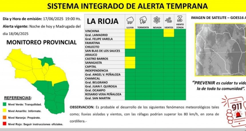 Alertan por lluvias de variada intensidad para ocho departamentos de La Rioja