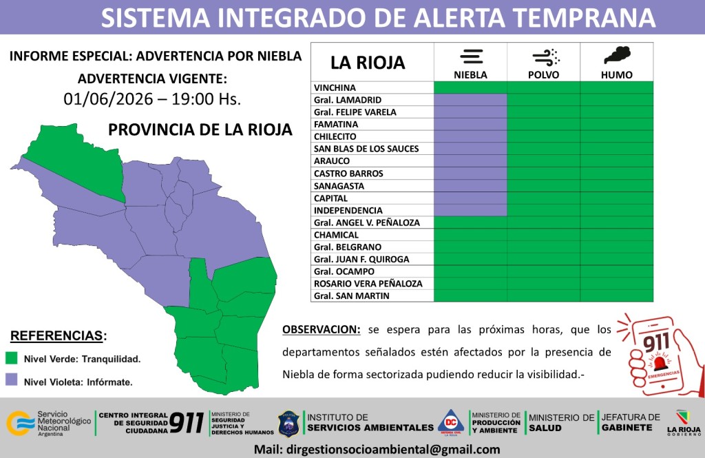 Emiten alerta preventiva por lluvias, vientos y niebla para distintos departamentos de La Rioja