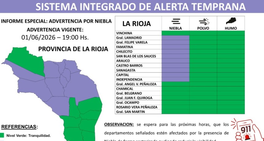 Emiten alerta preventiva por lluvias, vientos y niebla para distintos departamentos de La Rioja