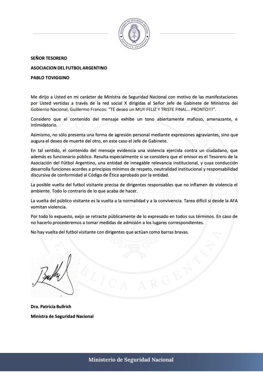 Bullrich le pidió a Toviggino que se retracte de las amenazas contra Guillermo Francos