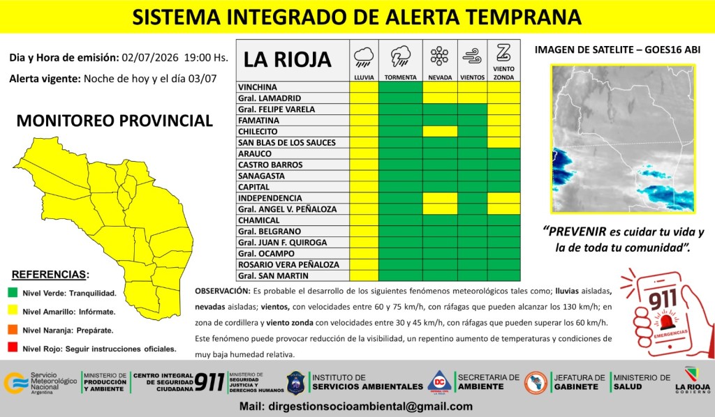 Emiten alerta preventivo por lluvias aisladas, nevadas, vientos y viento zonda