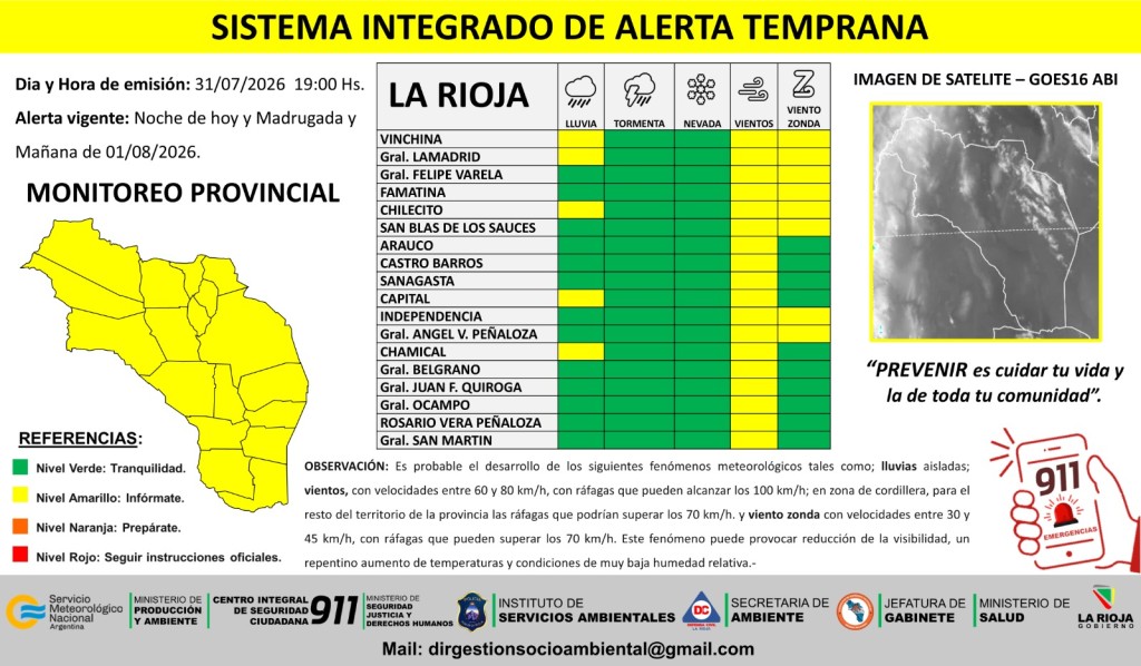 Emiten alerta amarilla por lluvias aisladas, vientos, humo y zonda