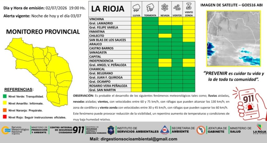 Emiten alerta preventivo por lluvias aisladas, nevadas, vientos y viento zonda