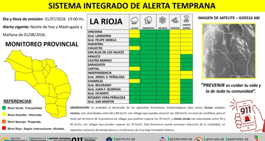 Emiten alerta amarilla por lluvias aisladas, vientos, humo y zonda