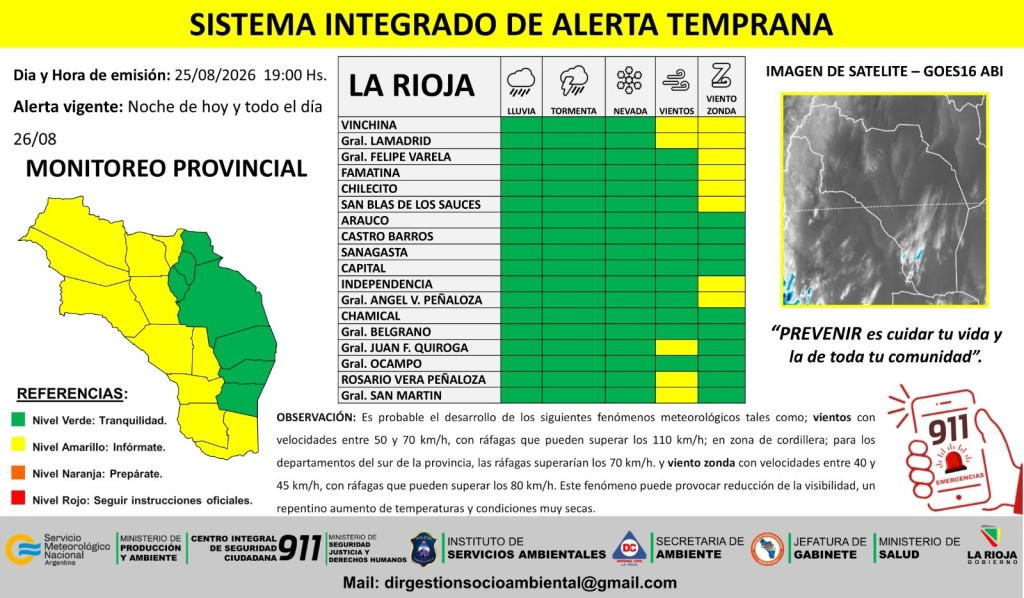 Alerta amarilla en La Rioja: advierten por fuertes vientos y viento Zonda