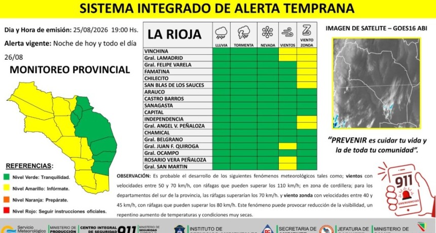 Alerta amarilla en La Rioja: advierten por fuertes vientos y viento Zonda