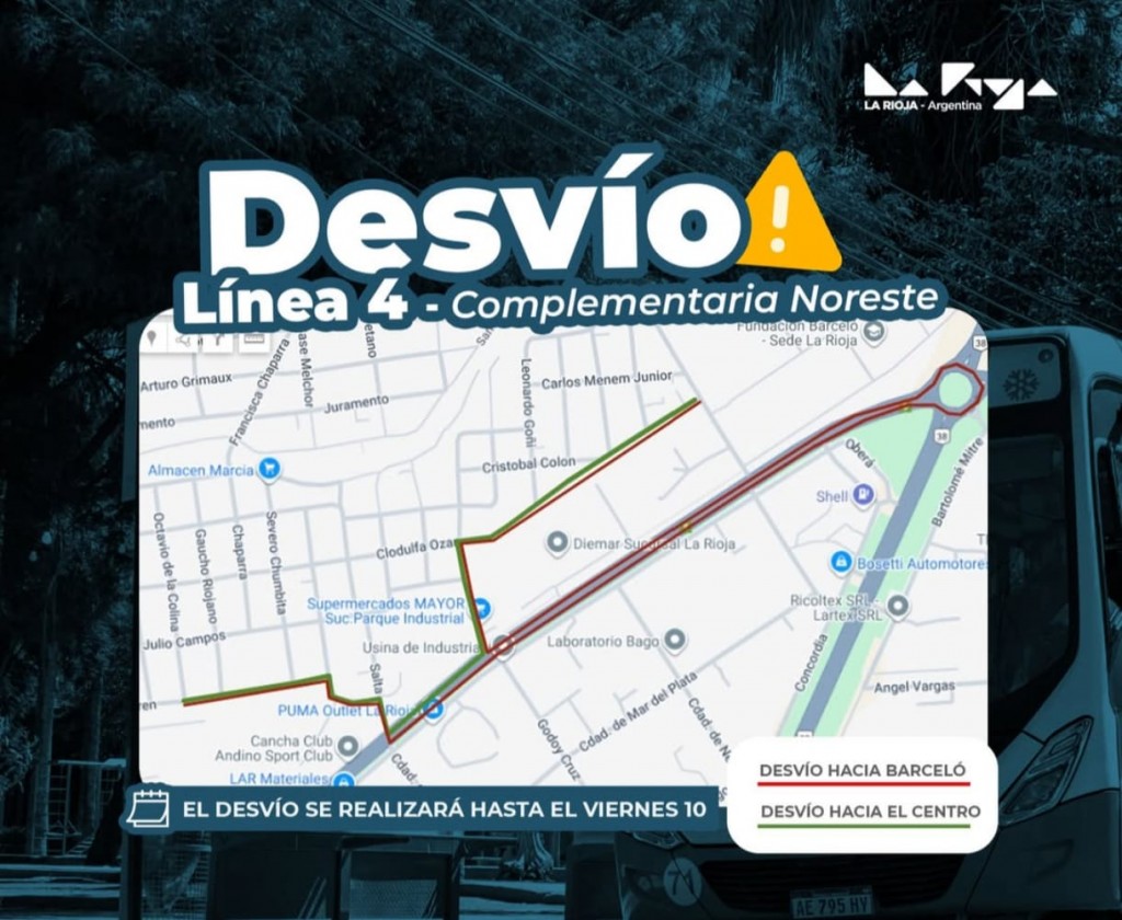 Cambio temporal en el recorrido de la Línea 4 de Rioja Bus en el Parque Industrial