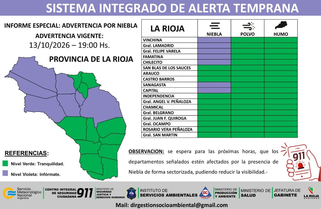 Alerta preventivo por lluvias, tormentas, vientos y niebla