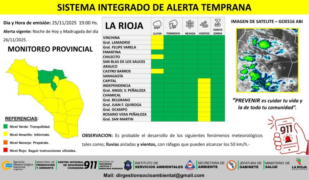 Difunden alerta amarilla por lluvias y vientos