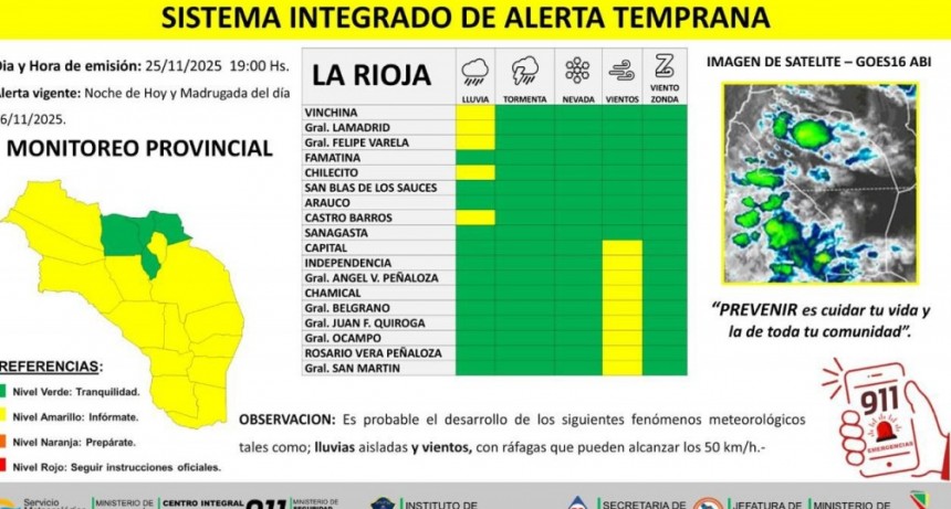 Difunden alerta amarilla por lluvias y vientos